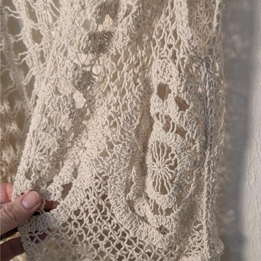 Cato Boho Cream Crochet Knit Long Hippie Vest W/ Fringe Size M Festival - Picture 6 of 6
